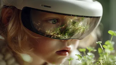close-up of a young child wearing a white VR headset, observing small green plants in a futuristic indoor environment, reflection of leaves and modern interior on the headset, curiosity and focus, educational setting, realistic lighting, soft depth of field, photorealistic style, cinematic 16:9 composition, 16K   --raw