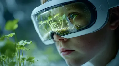 close-up of a young child wearing a white VR headset, observing small green plants in a futuristic indoor environment, reflection of leaves and modern interior on the headset, curiosity and focus, educational setting, realistic lighting, soft depth of field, photorealistic style, cinematic 16:9 composition, 16K   --raw