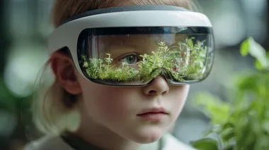 close-up of a young child wearing a white VR headset, observing small green plants in a futuristic indoor environment, reflection of leaves and modern interior on the headset, curiosity and focus, educational setting, realistic lighting, soft depth of field, photorealistic style, cinematic 16:9 composition, 16K   --raw