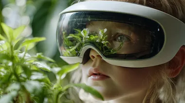 close-up of a young child wearing a white VR headset, observing small green plants in a futuristic indoor environment, reflection of leaves and modern interior on the headset, curiosity and focus, educational setting, realistic lighting, soft depth of field, photorealistic style, cinematic 16:9 composition, 16K   --raw