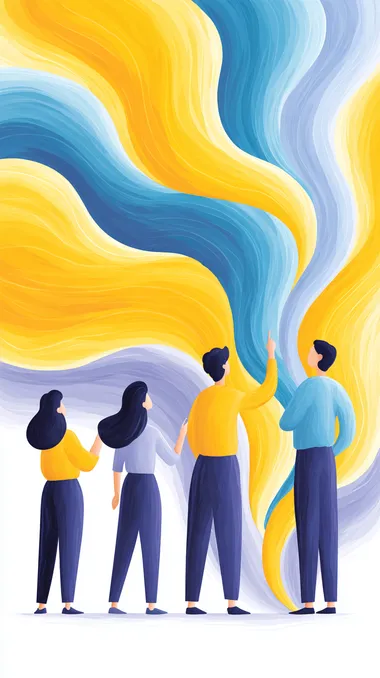 Multigenerational office teamwork cartoon scene, coworkers working together on large touch screen board, creative flow with animated gestures, energetic color scheme and stylized forms  --s 250   usgb8eo --raw