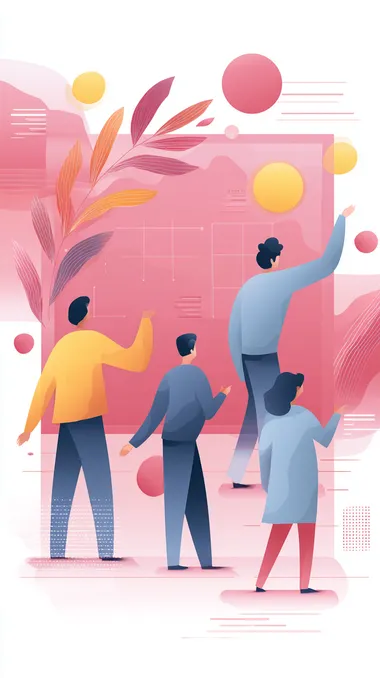 Multigenerational office teamwork cartoon scene, coworkers working together on large touch screen board, creative flow with animated gestures, energetic color scheme and stylized forms  --s 250   usgb8eo --raw
