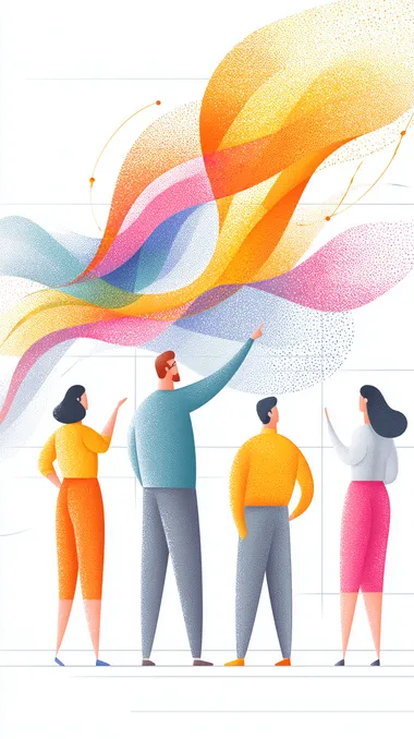 Multigenerational office teamwork cartoon scene, coworkers working together on large touch screen board, creative flow with animated gestures, energetic color scheme and stylized forms  --s 250   usgb8eo --raw