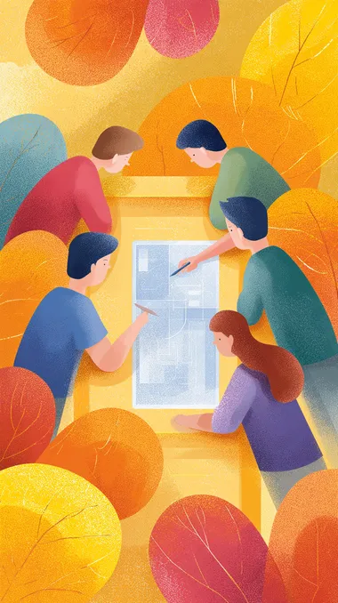 Multigenerational office teamwork cartoon scene, coworkers working together on large touch screen board, creative flow with animated gestures, energetic color scheme and stylized forms  --s 250   usgb8eo --raw