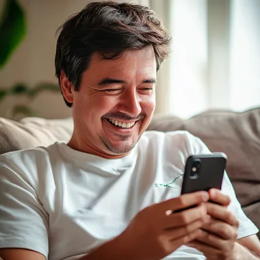 A joyful man with dark brown hair, 35 years old, He wears a white t-shirt with green details. He is looking at his new iPhone 16. He is sitting comfortably on his couch. The focus is realistic, with natural lighting and a bokeh effect in the background.