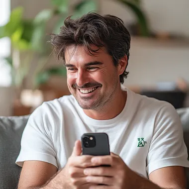 A joyful man with dark brown hair, 35 years old, He wears a white t-shirt with green details. He is looking at his new iPhone 16. He is sitting comfortably on his couch. The focus is realistic, with natural lighting and a bokeh effect in the background.