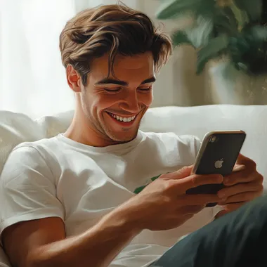 A joyful man with dark brown hair, 35 years old, He wears a white t-shirt with green details. He is looking at his new iPhone 16. He is sitting comfortably on his couch. The focus is realistic, with natural lighting and a bokeh effect in the background.