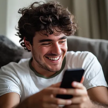 A joyful man with dark brown hair, 35 years old, He wears a white t-shirt with green details. He is looking at his new iPhone 16. He is sitting comfortably on his couch. The focus is realistic, with natural lighting and a bokeh effect in the background.