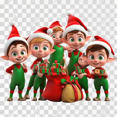 3d clipart of cute little 7 Santa Claus elves, corporate outfit, pixar style with pointy ears, highly detailed, with bag full of gifts.