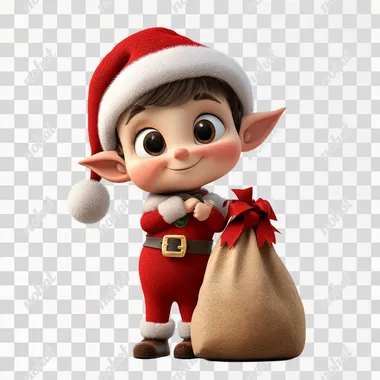 3d clipart of cute little 7 Santa Claus elves, corporate outfit, pixar style with pointy ears, highly detailed, with bag full of gifts.