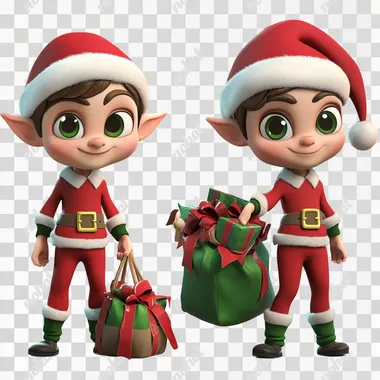 3d clipart of cute little 7 Santa Claus elves, corporate outfit, pixar style with pointy ears, highly detailed, with bag full of gifts.