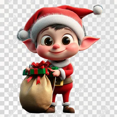 3d clipart of cute little 7 Santa Claus elves, corporate outfit, pixar style with pointy ears, highly detailed, with bag full of gifts.