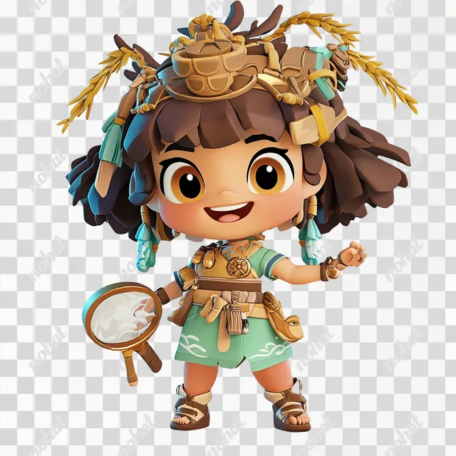 PNG Charming Chibi Archaeologist in Rice Field with Magnifying Glass