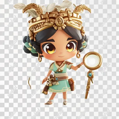 A chibi-style archaeologist character with a 5:1 head-to-body ratio, designed in a playful and whimsical Pixar-inspired style. The character has a large, round head with expressive almond-shaped eyes, slightly flushed cheeks, and an excited smile. They wear an oversized bronze crown made of layered rice stalks, with engraved thunder and cloud patterns. Dangling earrings shaped like coiled dragon motifs add a touch of elegance, and their belt resembles interwoven vines with detailed engravings of rice and abstract lightning patterns. Their outfit is a modernized take on ancient tribal clothing, featuring a short tunic in pastel jade green with golden embroidery depicting rice stalks and flowing serpent patterns. A layered short skirt with intricate metallic engravings and fitted pants complete their practical, explorer look. The character is crouched forward, holding a glowing magnifying glass close to one eye, inspecting the ground with curiosity. In their other hand, they carry a ceremonial staff topped with a glowing cluster of rice stalks engraved with abstract patterns. The base is designed as a stylized rice field, with soft glowing water ripples and engraved cloud motifs. The character is rendered in soft pastel tones of jade green, bronze, and pale gold, with 3D lighting and textures inspired by Pixars dynamic and whimsical aesthetic. --s 50
