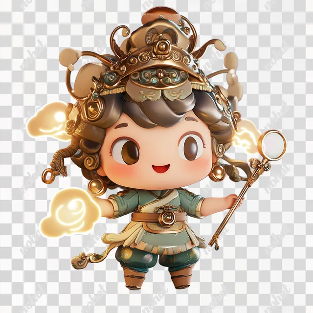 PNG Chibi-style archaeologist character exploring a whimsical rice field