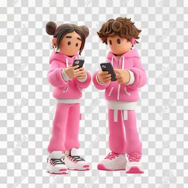3D Roblox girl and boy in pink tracksuits looking at their phones and showing something to each other. No background.