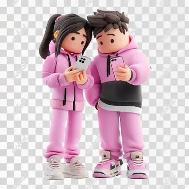 3D Roblox girl and boy in pink tracksuits looking at their phones and showing something to each other. No background.