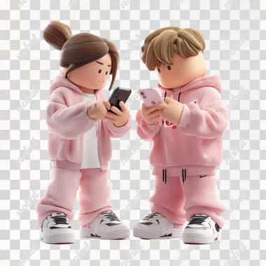 3D Roblox girl and boy in pink tracksuits looking at their phones and showing something to each other. No background.