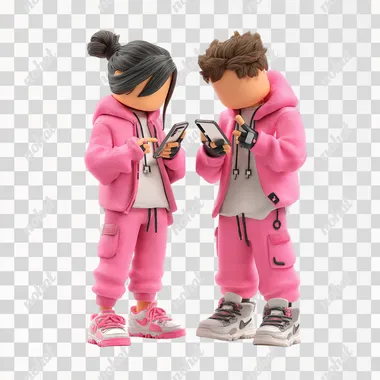 3D Roblox girl and boy in pink tracksuits looking at their phones and showing something to each other. No background.