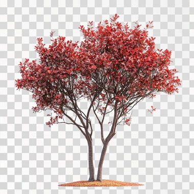 a multi trunk, low branching red leaves lagerstroemia tree with white background