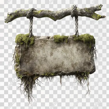<#1729809915#>Digital 3D rendering of a sign. The sign is made from a rectangular slice of stone with overgrown roots and moss, hanging on a thick branch. This style resembles the design of game assets with a focus on realism and detail. On a white background.
