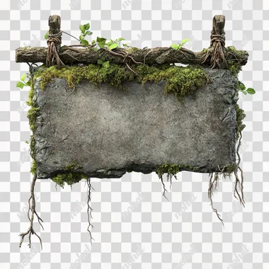 <#1729809915#>Digital 3D rendering of a sign. The sign is made from a rectangular slice of stone with overgrown roots and moss, hanging on a thick branch. This style resembles the design of game assets with a focus on realism and detail. On a white background.