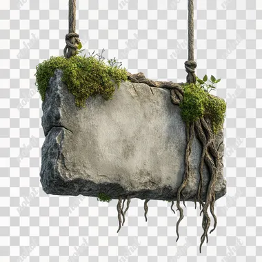 <#1729809915#>Digital 3D rendering of a sign. The sign is made from a rectangular slice of stone with overgrown roots and moss, hanging on a thick branch. This style resembles the design of game assets with a focus on realism and detail. On a white background.