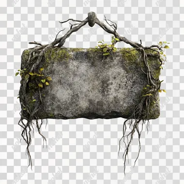 <#1729809915#>Digital 3D rendering of a sign. The sign is made from a rectangular slice of stone with overgrown roots and moss, hanging on a thick branch. This style resembles the design of game assets with a focus on realism and detail. On a white background.