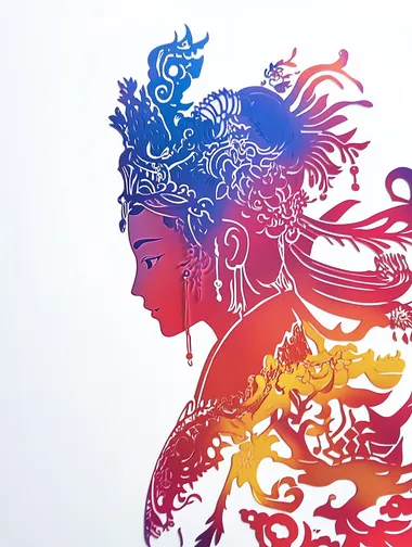 The artistic style of intangible paper-cut shadow play, close-up scenery, high saturation and colorful color matching, and fine depiction techniques. The silhouette of the main Peking Opera figure is suspended on a pure white background, with a large area of blank space, symmetrical composition, mysterious and gorgeous atmosphere, exquisite and delicate picture effect, oriental traditional culture, C4D rendering, uniform and soft light, 3D stereoscopic display, ultra-high definition and 48K painting.