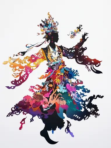 The artistic style of intangible paper-cut shadow play, close-up scenery, high saturation and colorful color matching, and fine depiction techniques. The silhouette of the main Peking Opera figure is suspended on a pure white background, with a large area of blank space, symmetrical composition, mysterious and gorgeous atmosphere, exquisite and delicate picture effect, oriental traditional culture, C4D rendering, uniform and soft light, 3D stereoscopic display, ultra-high definition and 48K painting.