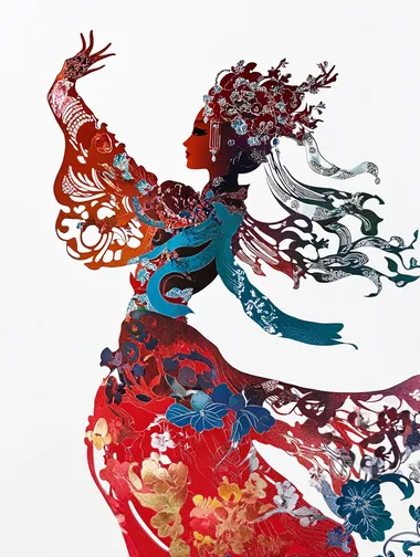 The artistic style of intangible paper-cut shadow play, close-up scenery, high saturation and colorful color matching, and fine depiction techniques. The silhouette of the main Peking Opera figure is suspended on a pure white background, with a large area of blank space, symmetrical composition, mysterious and gorgeous atmosphere, exquisite and delicate picture effect, oriental traditional culture, C4D rendering, uniform and soft light, 3D stereoscopic display, ultra-high definition and 48K painting.