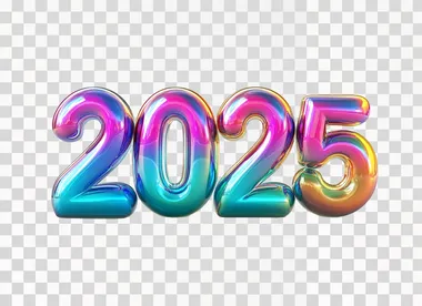 Bold 3D bubble numbers "2025", futuristic vibrant colors, rounded glossy surfaces, isolated against a pure white background, wide-angle lens, soft natural shadows, ultra-realistic style
