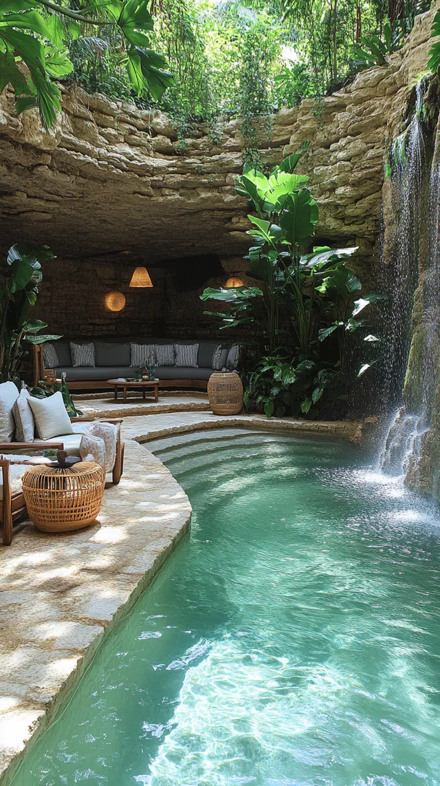Hidden cave resort pool with waterfall, tropical plants, and bar