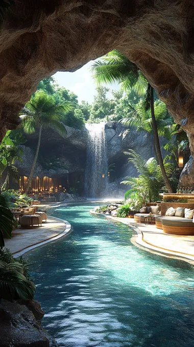 A hidden cave resort with waterfalls, tropical plants, and an outdoor bar overlooking the lagoon. It has comfortable seating areas for relaxing by swimming pools and fountains, creating a serene atmosphere. The interior is decorated in earthy tones, complementing its natural surroundings. iPhone photo posted to Reddit in 2019.   --s 800