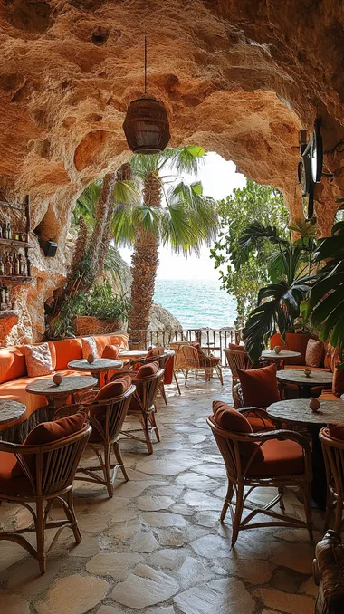 A hidden cave resort with waterfalls, tropical plants, and an outdoor bar overlooking the lagoon. It has comfortable seating areas for relaxing by swimming pools and fountains, creating a serene atmosphere. The interior is decorated in earthy tones, complementing its natural surroundings. iPhone photo posted to Reddit in 2019.   --s 800