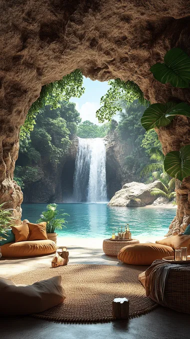 A hidden cave resort with waterfalls, tropical plants, and an outdoor bar overlooking the lagoon. It has comfortable seating areas for relaxing by swimming pools and fountains, creating a serene atmosphere. The interior is decorated in earthy tones, complementing its natural surroundings. iPhone photo posted to Reddit in 2019.   --s 800