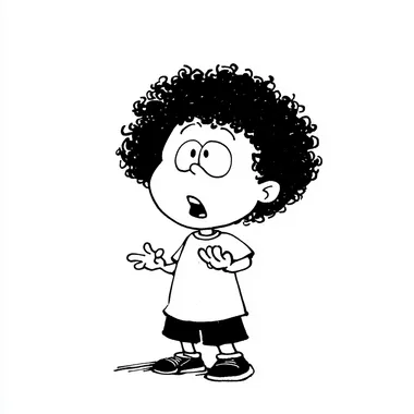 A young boy with messy black hair, standing with wide eyes and an open mouth, expressing shock and excitement. His posture is slightly forward-leaning, hands slightly raised as if taking in his surroundings. Minimal comic-style line art on a white background.   --cw 100