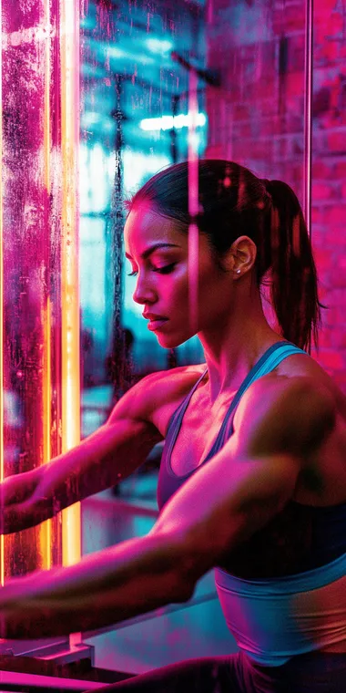 "A hyper-realistic, photographic, featuring a latin woman working out intensely in a gym, energy, movement. The scene should be vibrant and dynamic, with the subjects wearing stylish and modern sportswear. Use a neon color palette of black, blue, purple, and orange, emphasizing motion and modernity. The lighting should enhance the glossy textures of the gym equipment and sportswear, creating a sleek, high-energy visual. Perfect for a lightbox display in a sports store. umbro advertising style.