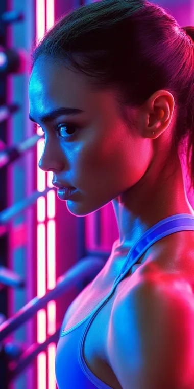 "A hyper-realistic, photographic, featuring a latin woman working out intensely in a gym, energy, movement. The scene should be vibrant and dynamic, with the subjects wearing stylish and modern sportswear. Use a neon color palette of black, blue, purple, and orange, emphasizing motion and modernity. The lighting should enhance the glossy textures of the gym equipment and sportswear, creating a sleek, high-energy visual. Perfect for a lightbox display in a sports store. umbro advertising style.