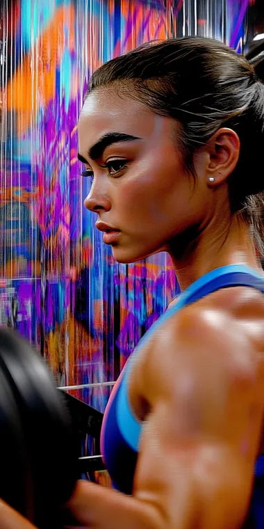 "A hyper-realistic, photographic, featuring a latin woman working out intensely in a gym, energy, movement. The scene should be vibrant and dynamic, with the subjects wearing stylish and modern sportswear. Use a neon color palette of black, blue, purple, and orange, emphasizing motion and modernity. The lighting should enhance the glossy textures of the gym equipment and sportswear, creating a sleek, high-energy visual. Perfect for a lightbox display in a sports store. umbro advertising style.