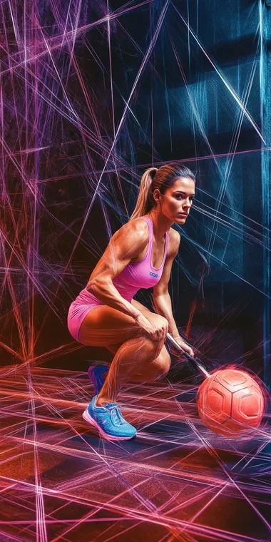 "A hyper-realistic, photographic, featuring a latin woman working out intensely in a gym, energy, movement. The scene should be vibrant and dynamic, with the subjects wearing stylish and modern sportswear. Use a neon color palette of black, blue, purple, and orange, emphasizing motion and modernity. The lighting should enhance the glossy textures of the gym equipment and sportswear, creating a sleek, high-energy visual. Perfect for a lightbox display in a sports store. umbro advertising style.
