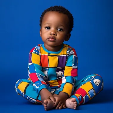 photo of a 4 year old south african child with colourful clothing in a blue studio