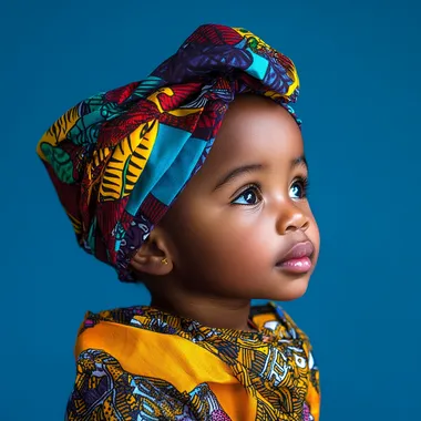 photo of a 4 year old south african child with colourful clothing in a blue studio