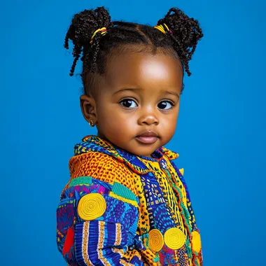 photo of a 4 year old south african child with colourful clothing in a blue studio