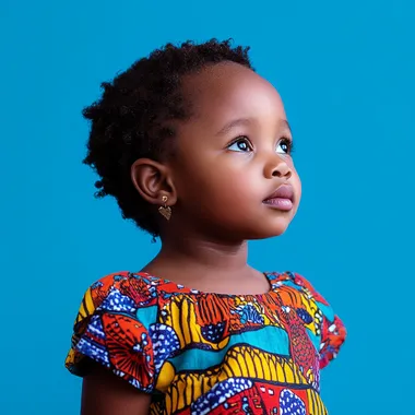 photo of a 4 year old south african child with colourful clothing in a blue studio