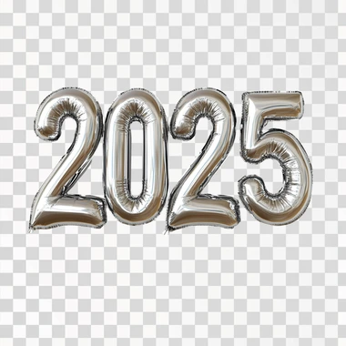 In 3D style, volumetric inflated silver text "2025" on a clean white background