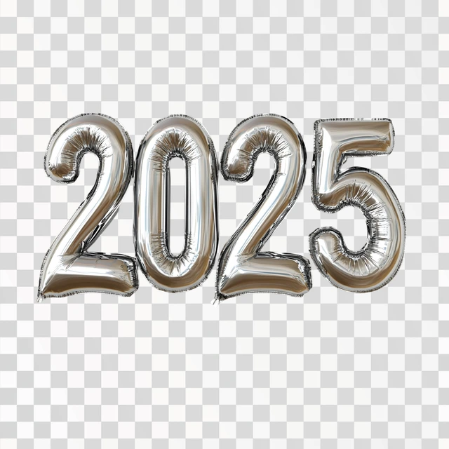 In 3D style, volumetric inflated silver text "2025" on a cle