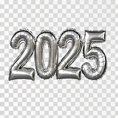 In 3D style, volumetric inflated silver text "2025" on a clean white background