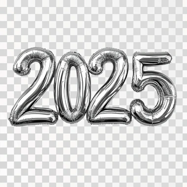 In 3D style, volumetric inflated silver text "2025" on a clean white background