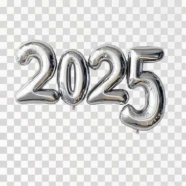 In 3D style, volumetric inflated silver text "2025" on a clean white background